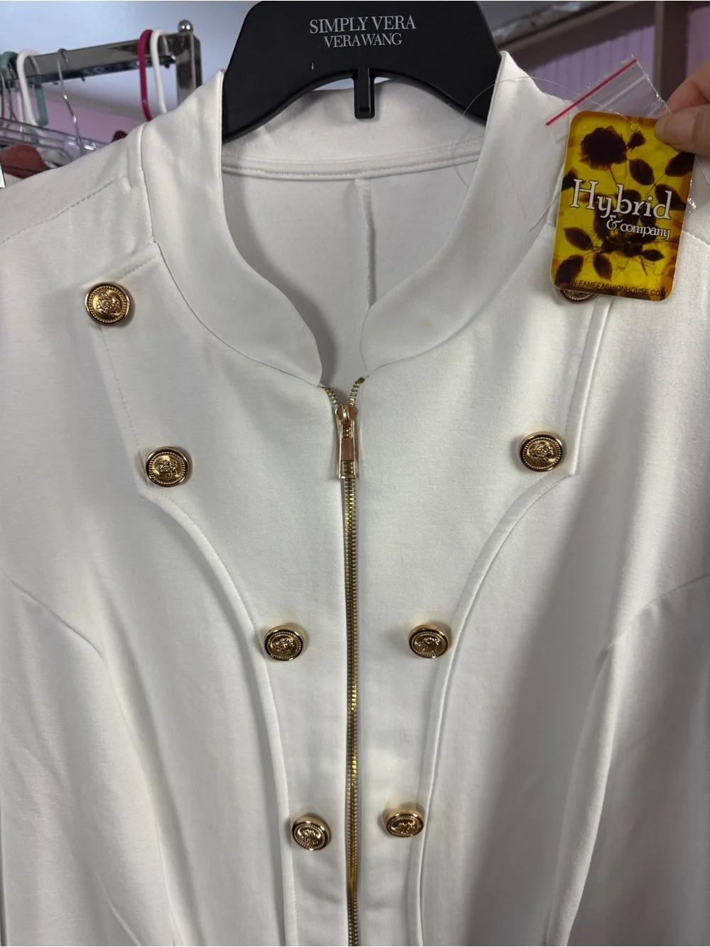 Hybrid & Co. 3X white Military Style Zip Jacket Gold Button Detail NWT